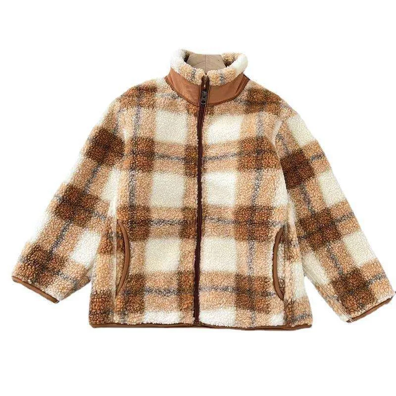 Kids' Plaid Sherpa Zip Jacket — 2 Colourways — Dark Beige, front view