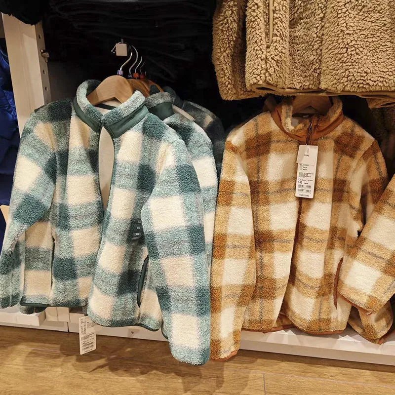 Kids' Plaid Sherpa Zip Jacket — 2 Colourways — Teal Green and Dark Beige, hanging view