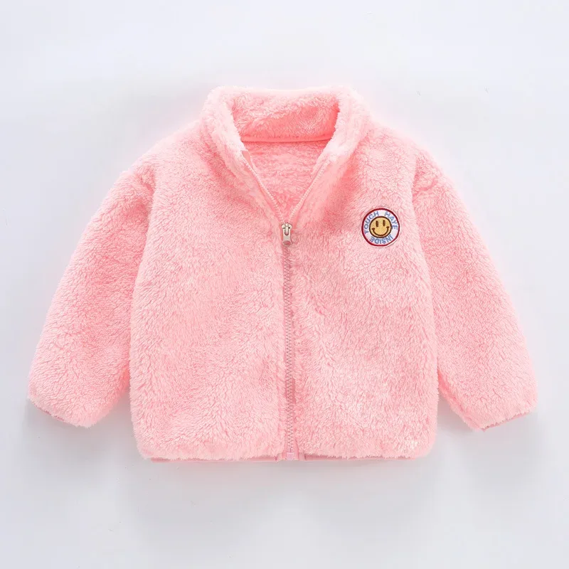 Kids' Double-Sided Plush Fleece Jacket — 5 Colourways — Pink, front view