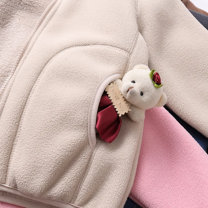 Kids' Plush Fleece Zip Jacket — 5 Colourways — Khaki, pocket detail