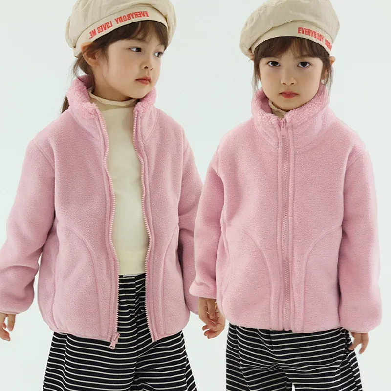 Kids' Plush Fleece Zip Jacket — 5 Colourways — Pink, worn view