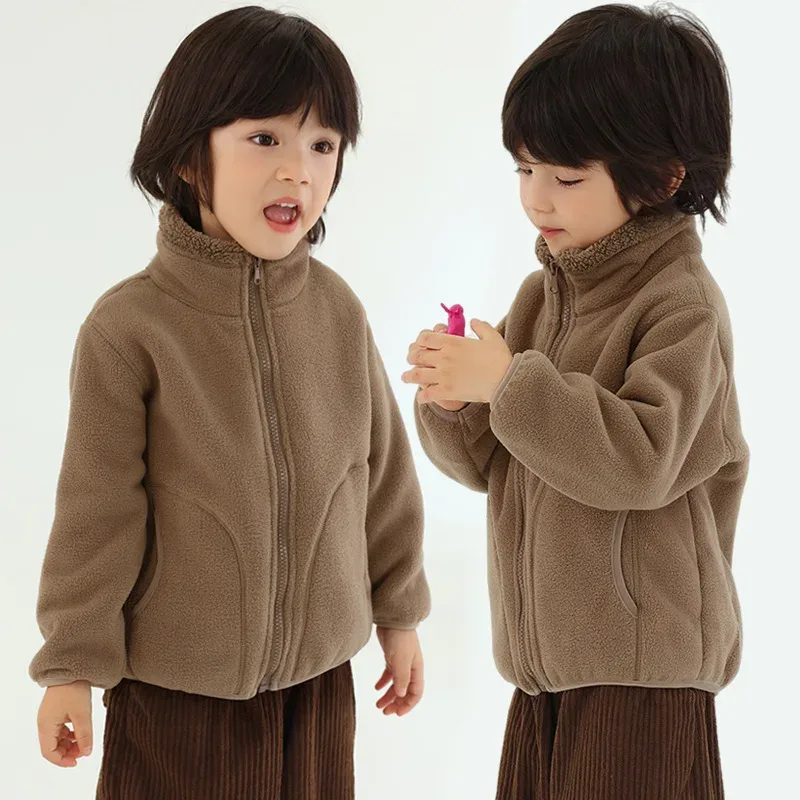 Kids' Plush Fleece Zip Jacket — 5 Colourways — Brown, worn view