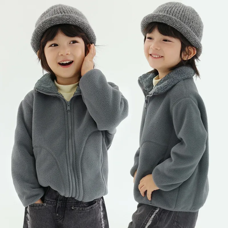 Kids' Plush Fleece Zip Jacket — 5 Colourways — Gray, worn view