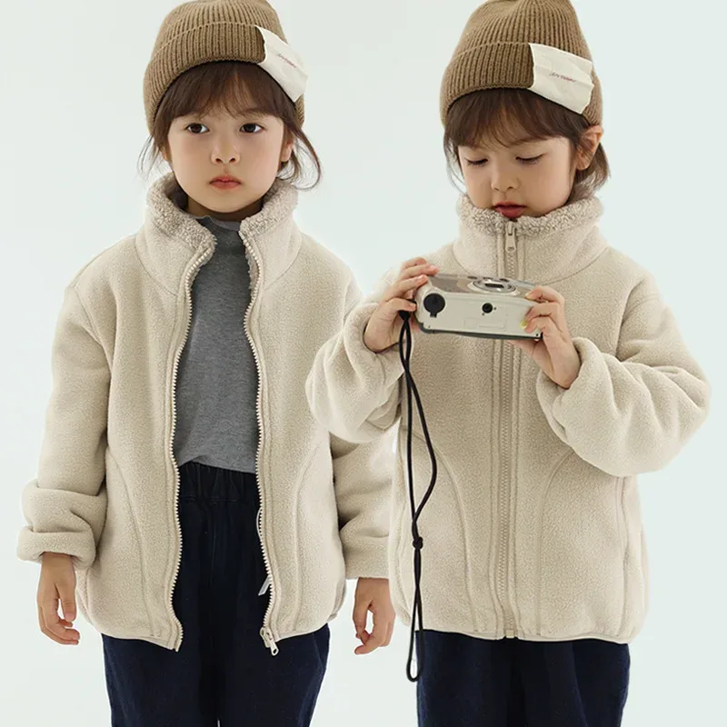 Kids' Plush Fleece Zip Jacket — 5 Colourways — Khaki, worn view