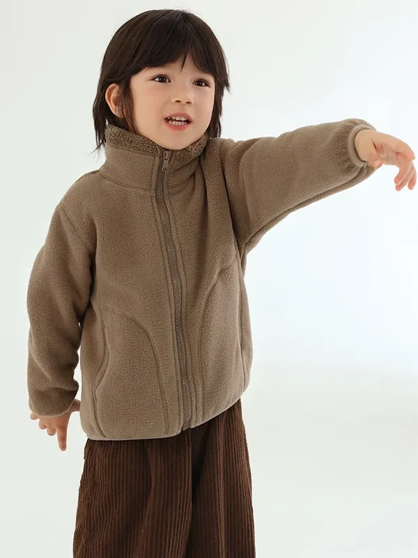 Kids' Plush Fleece Zip Jacket — 5 Colourways — Brown, worn front view