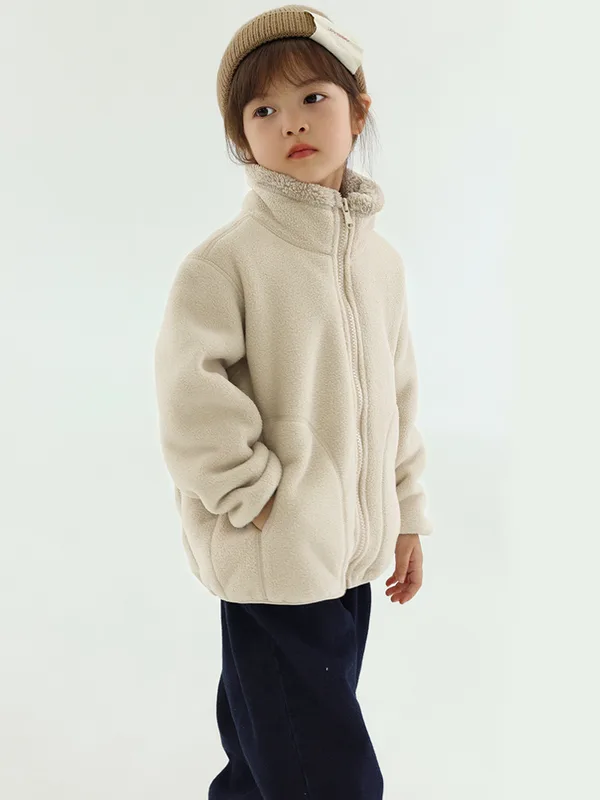 Kids' Plush Fleece Zip Jacket — 5 Colourways — Khaki, worn front view