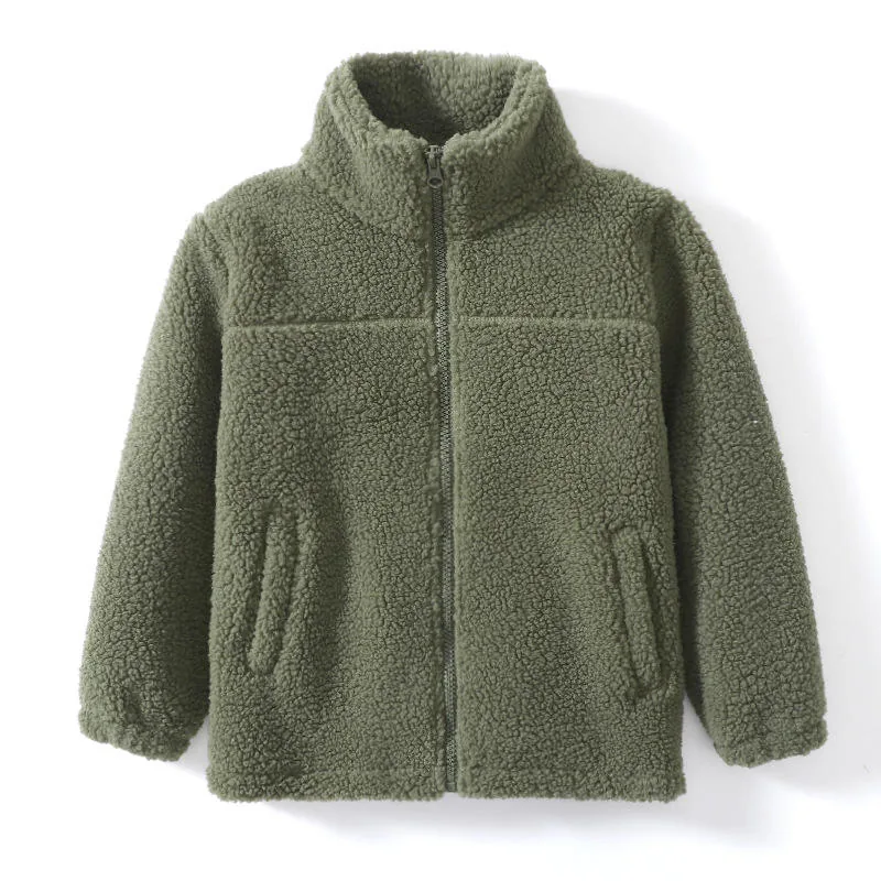 Kids' Plush Sherpa Zip Jacket — 4 Colourways — Army Green, front view