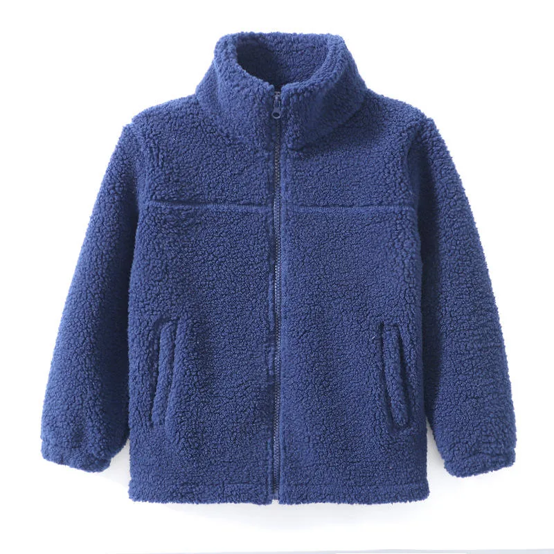 Kids' Plush Sherpa Zip Jacket — 4 Colourways — Navy Blue, front view