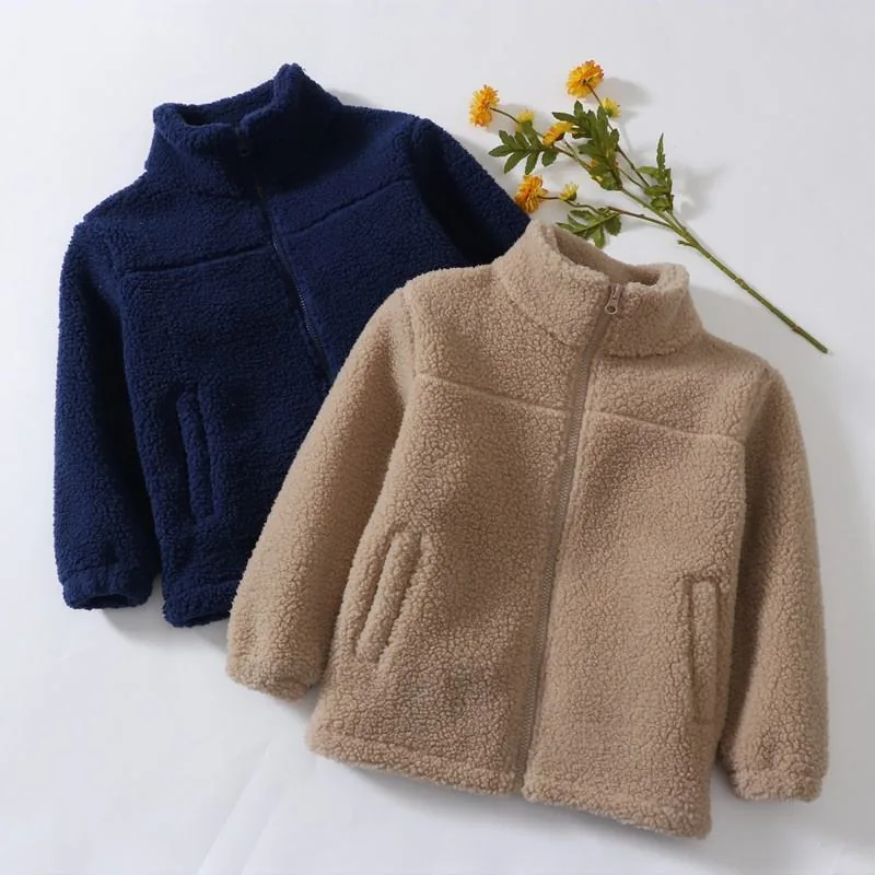Kids' Plush Sherpa Zip Jacket — 4 Colourways — Navy Blue and Khaki, pair view
