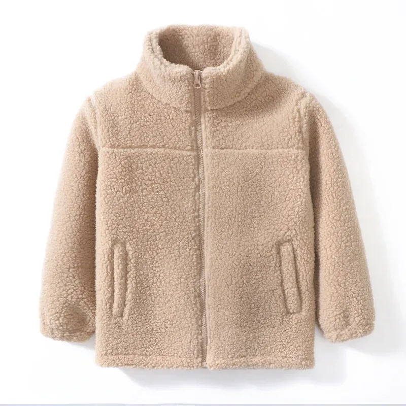 Kids' Plush Sherpa Zip Jacket — 4 Colourways — Khaki, front view