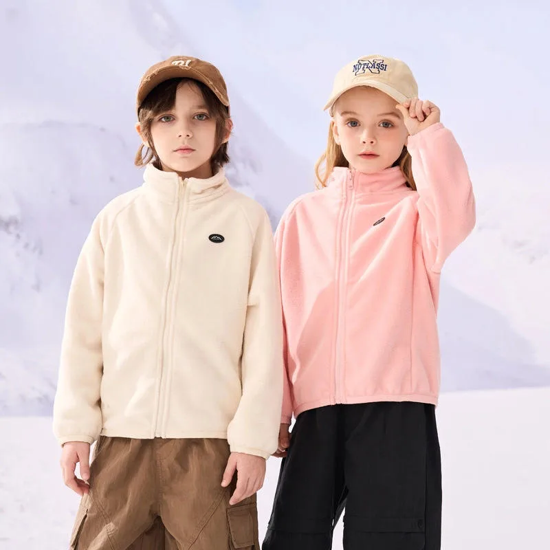 Kids' Polar Fleece Zip Jacket — 3 Colourways — Cream and Light Pink, worn pair view