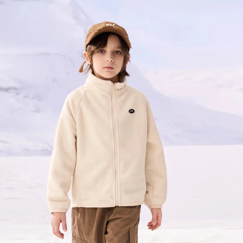 Kids' Polar Fleece Zip Jacket — 3 Colourways — Cream, worn view