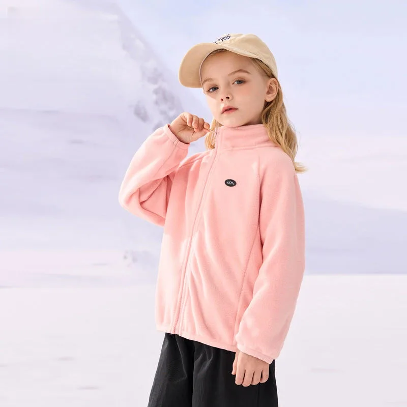 Kids' Polar Fleece Zip Jacket — 3 Colourways — Light Pink, worn view