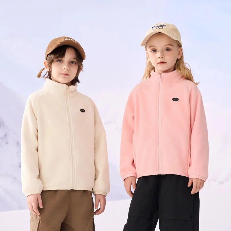 Kids' Polar Fleece Zip Jacket — 3 Colourways — Cream and Light Pink, worn pair view