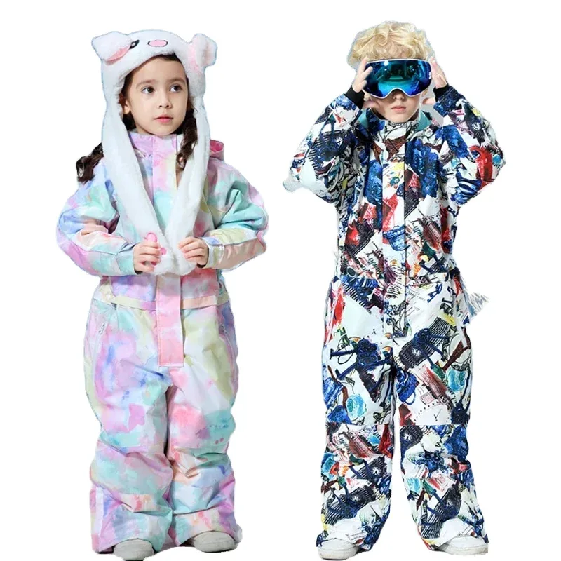 Kids’ One-Piece Ski Suit — 2 Prints — Pastel Tie-Dye & Colourful Print, both colourways worn