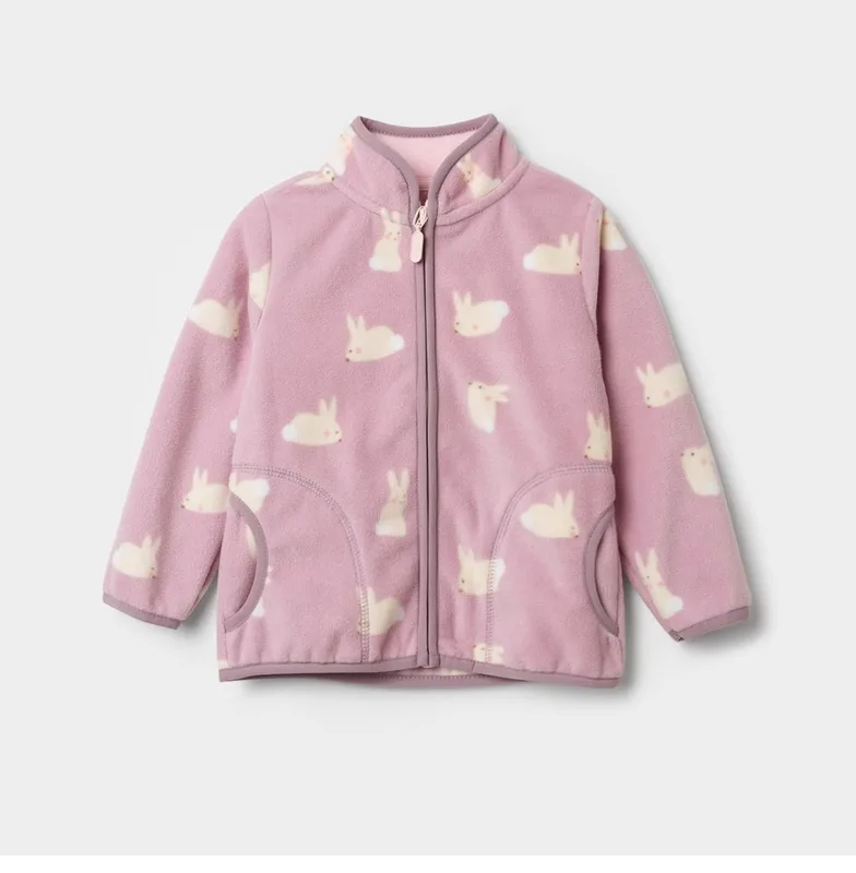 Kids' Printed Polar Fleece Zip Jacket — 7 Prints — Pink Bunny, front view