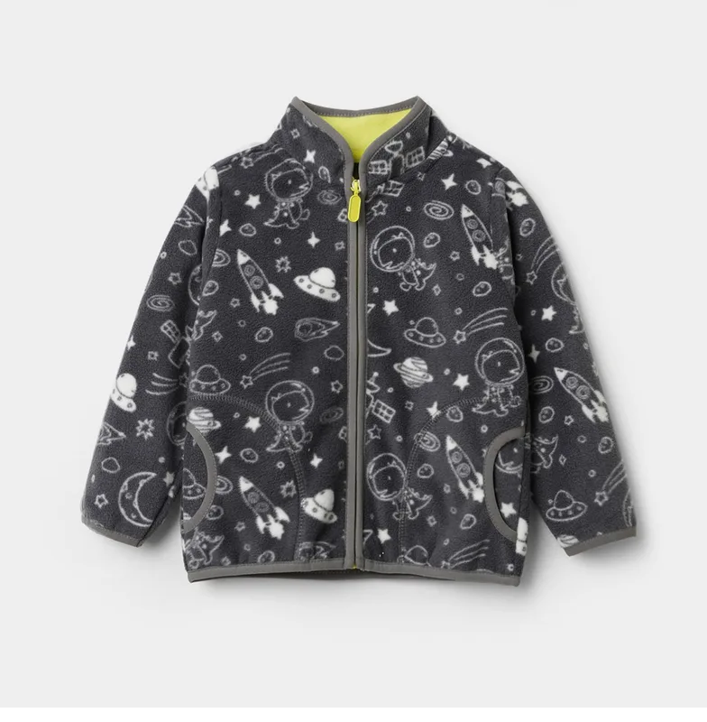 Kids' Printed Polar Fleece Zip Jacket — 7 Prints — Charcoal Space, front view