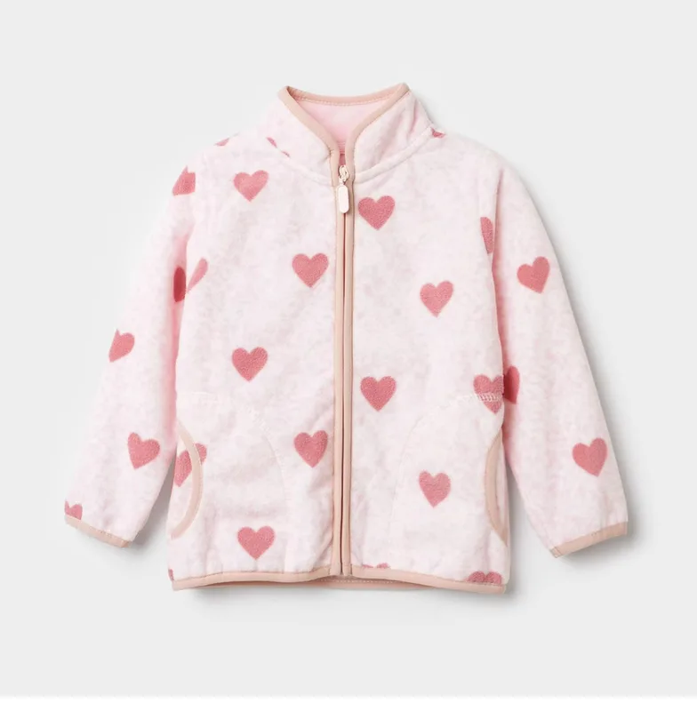 Kids' Printed Polar Fleece Zip Jacket — 7 Prints — Pink Hearts, front view