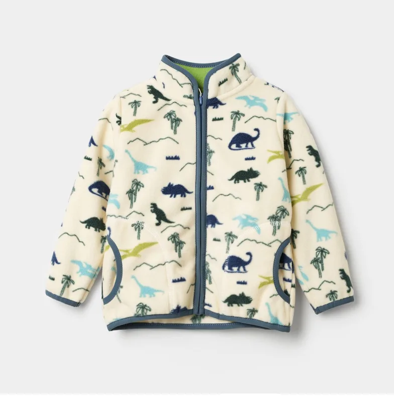 Kids' Printed Polar Fleece Zip Jacket — 7 Prints — Cream Dinosaur, front view