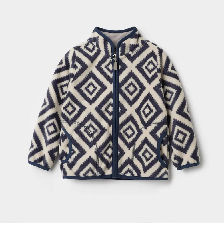 Kids' Printed Polar Fleece Zip Jacket — 7 Prints — Navy Geo, front view