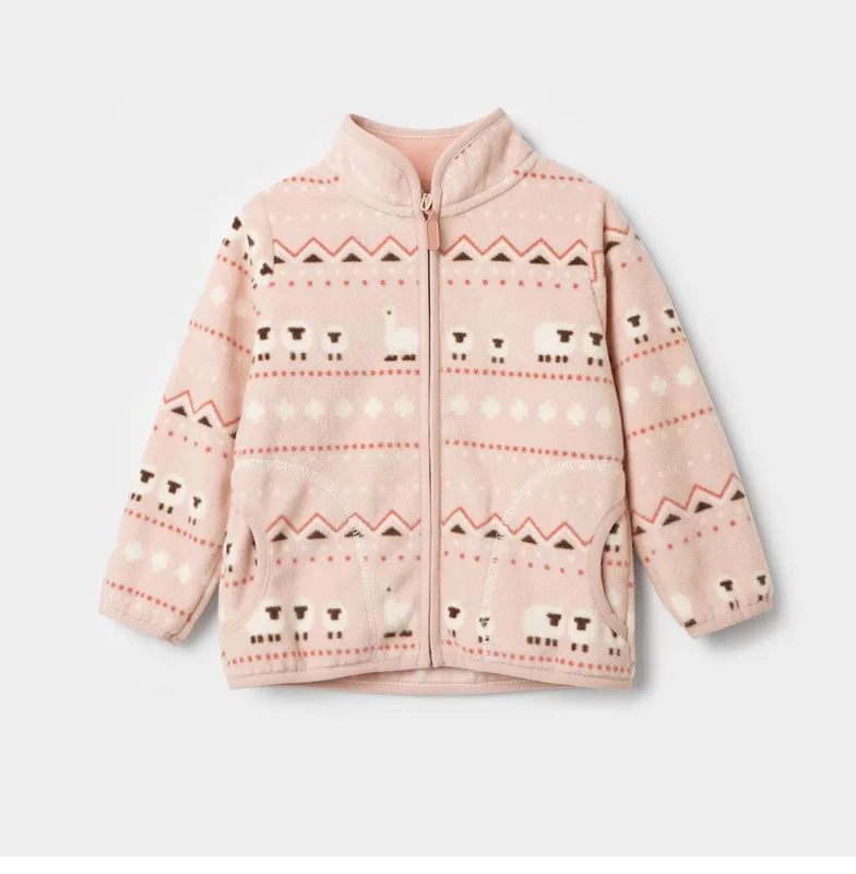 Kids' Printed Polar Fleece Zip Jacket — 7 Prints — Peach Fair Isle, front view