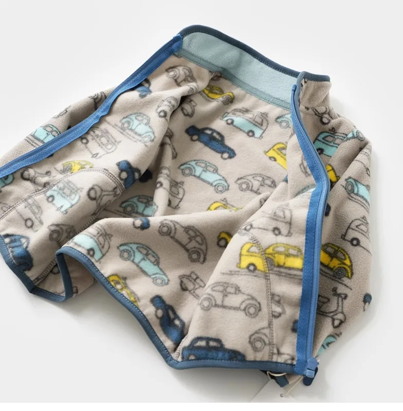 Kids' Printed Polar Fleece Zip Jacket — 7 Prints — Beige Cars, open flat lay