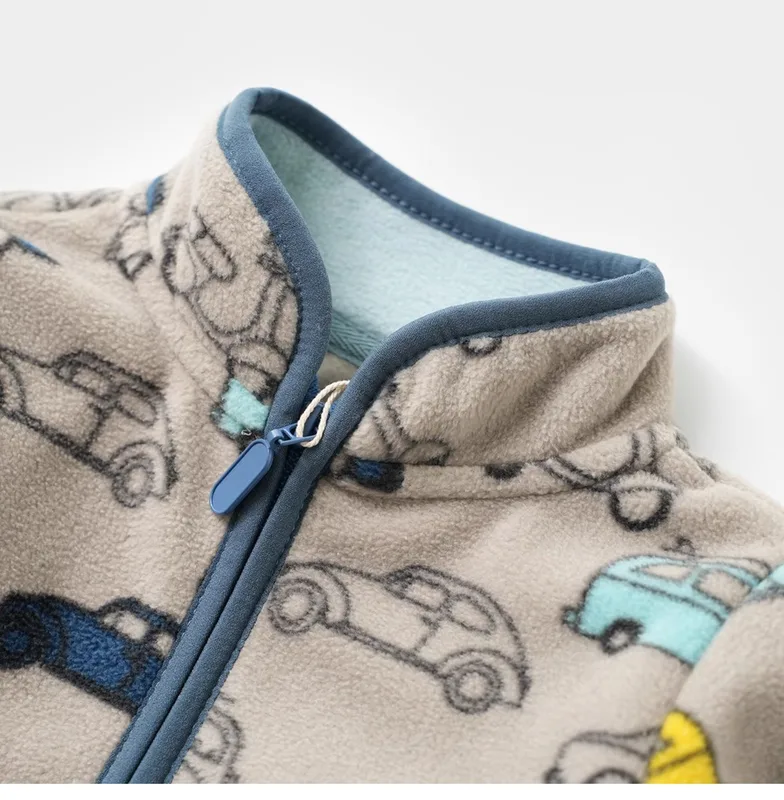 Kids' Printed Polar Fleece Zip Jacket — 7 Prints — Beige Cars, collar and zip detail