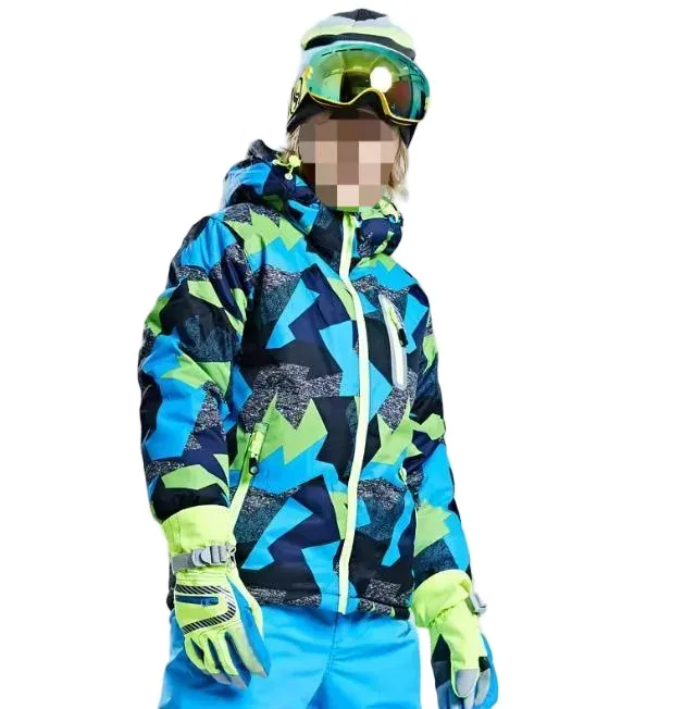 Kids' Printed Ski Jacket — 4 Colourways — Green Geometric Print, worn view