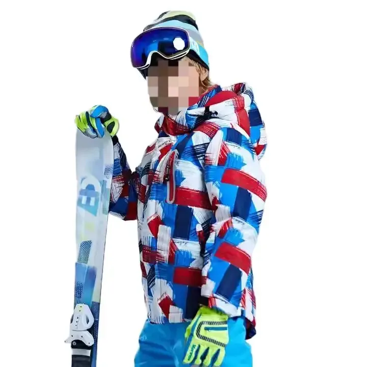 Kids' Printed Ski Jacket — 4 Colourways — Red & Blue Brush Print, worn view with snowboard
