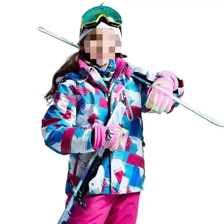 Kids' Printed Ski Jacket — 4 Colourways — Pink Check Print, worn view with skis