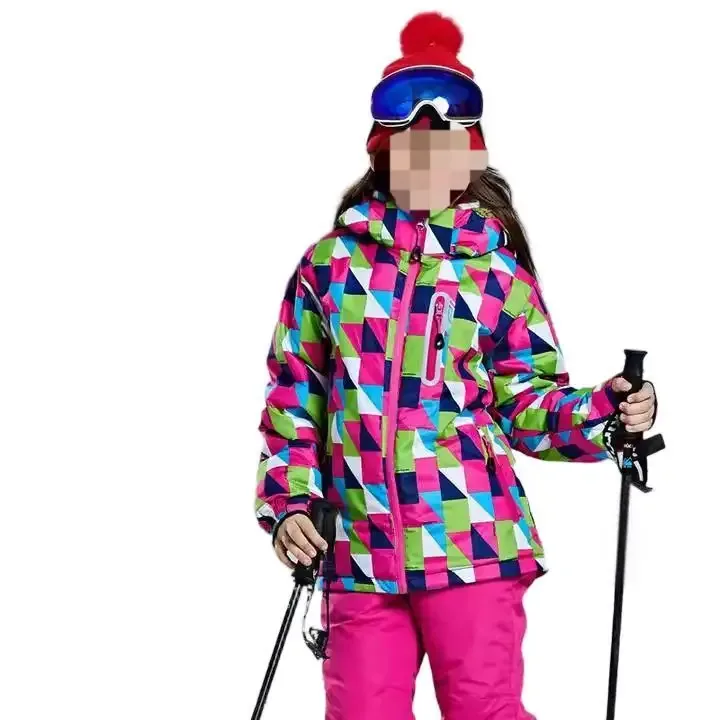 Kids' Printed Ski Jacket — 4 Colourways — Pink Triangle Print, worn view