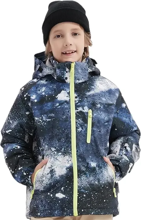 Kids' Printed Ski Jacket & Pants Set — 4 Colourways — Starry Navy, worn front view, pink pants