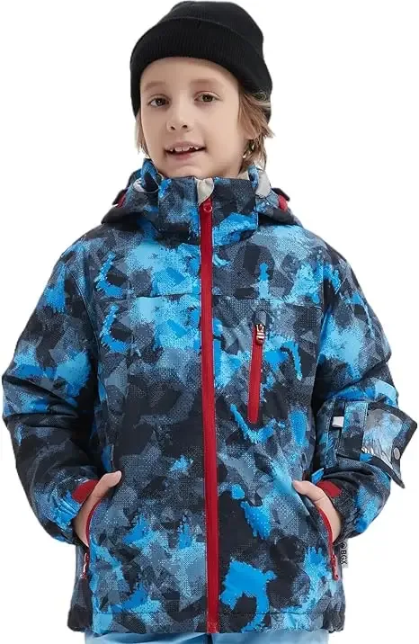 Kids' Printed Ski Jacket & Pants Set — 4 Colourways — Blue Camo, worn front view