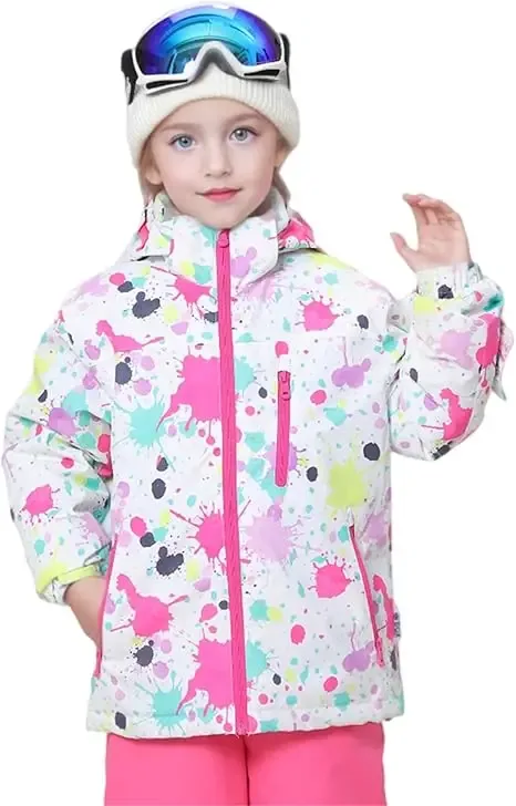 Kids' Printed Ski Jacket & Pants Set — 4 Colourways — Splatter White, worn front view, pink pants