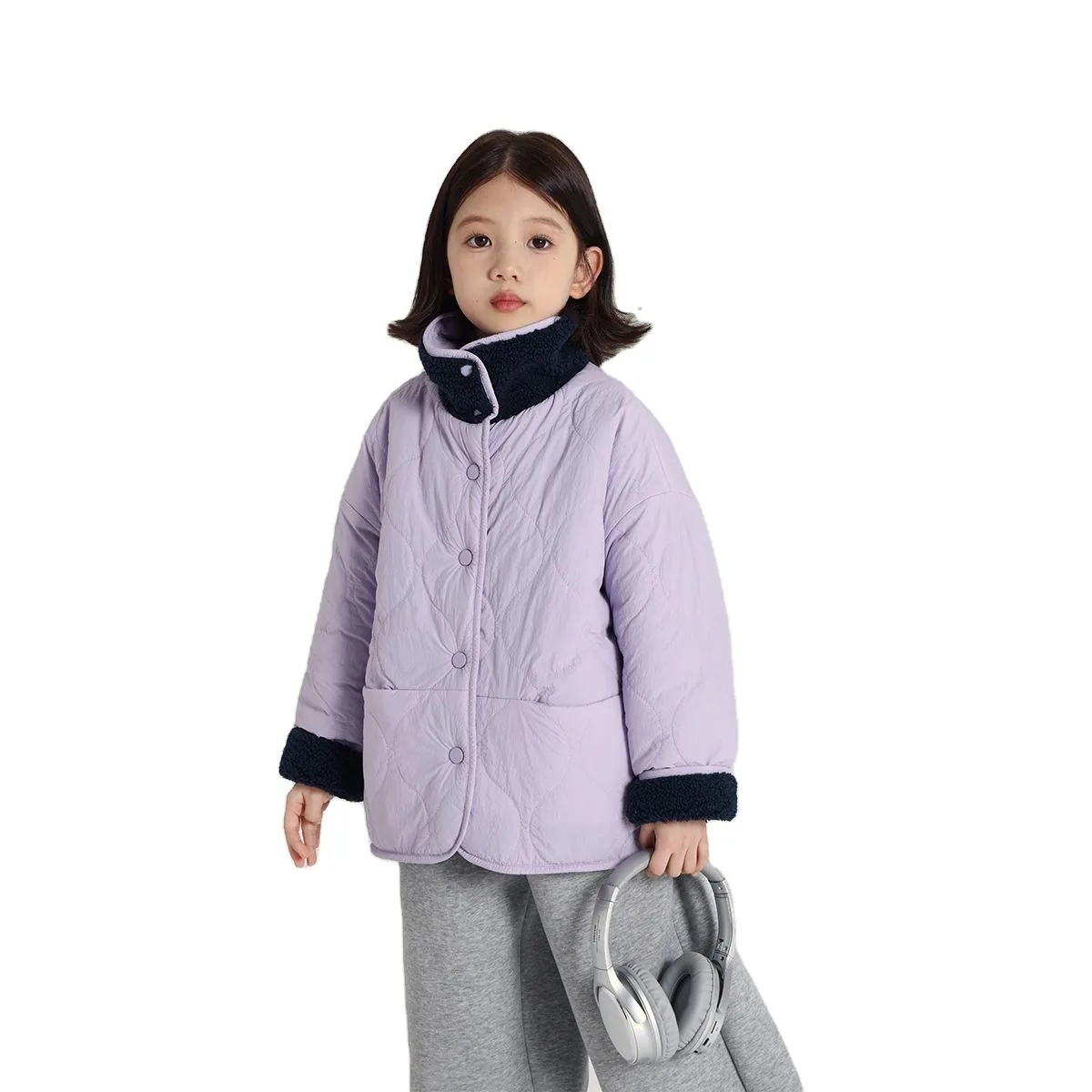 Kids' Reversible Quilted Fleece Jacket — 2 Colourways — Purple, quilted face, worn view