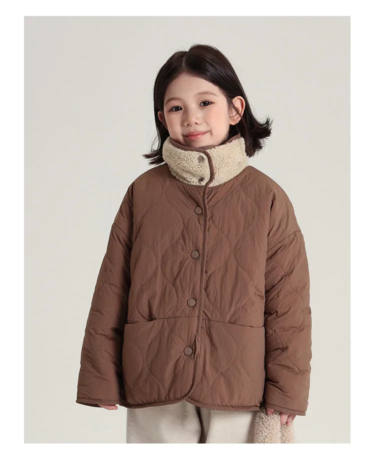 Kids' Reversible Quilted Fleece Jacket — 2 Colourways — Coffee, quilted face, worn view