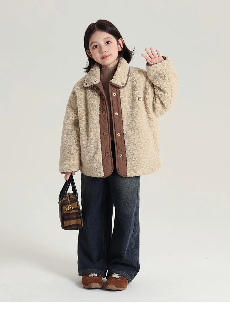 Kids' Reversible Quilted Fleece Jacket — 2 Colourways — Apricot, fleece reverse, worn view