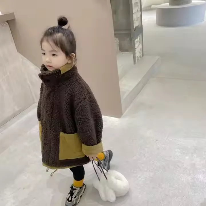 Kids' Reversible Teddy Jacket — Brown — Brown, worn front view