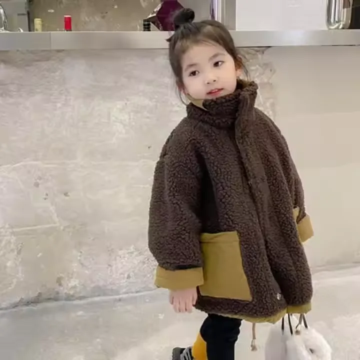 Kids' Reversible Teddy Jacket — Brown — Brown, worn three-quarter view