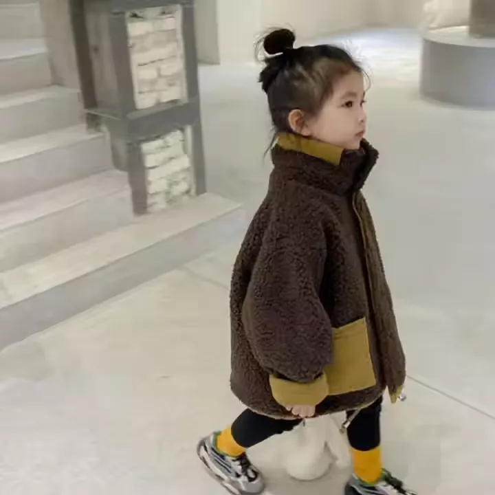 Kids' Reversible Teddy Jacket — Brown — Brown, worn side view