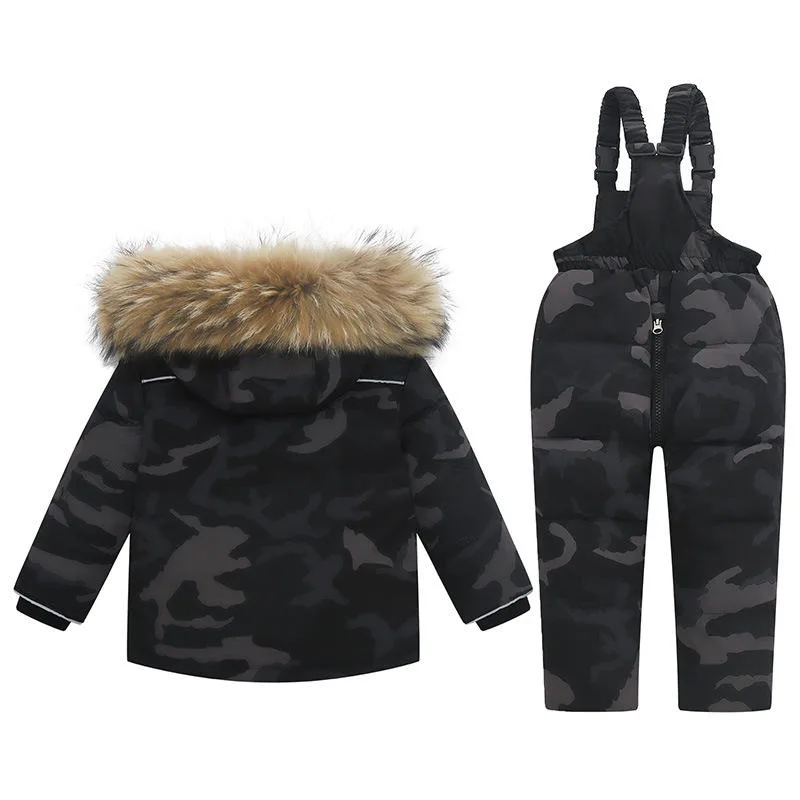 Kids' seamless-fused ski jacket and bib set — Camouflage, jacket back