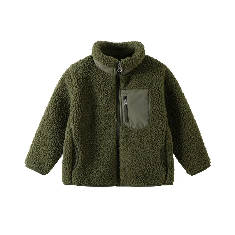 Kids' Sherpa Zip Jacket — 6 Colourways — Army Green, front view