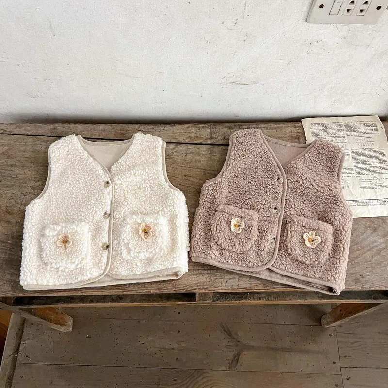 Kids' Sherpa Fleece Vest — 2 Colourways — Taupe and Cream White, pair view