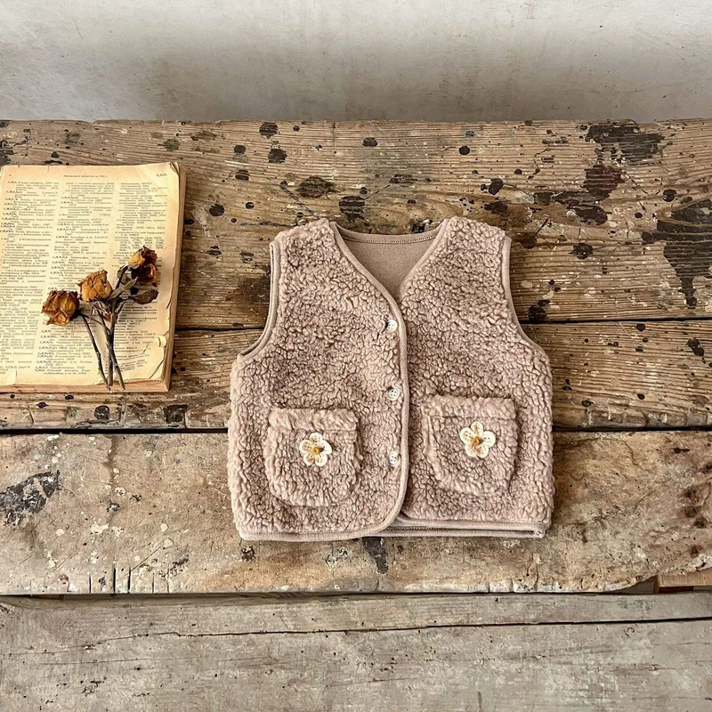 Kids' Sherpa Fleece Vest — 2 Colourways — Taupe, front view