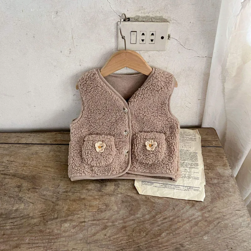 Kids' Sherpa Fleece Vest — 2 Colourways — Taupe, hanging view