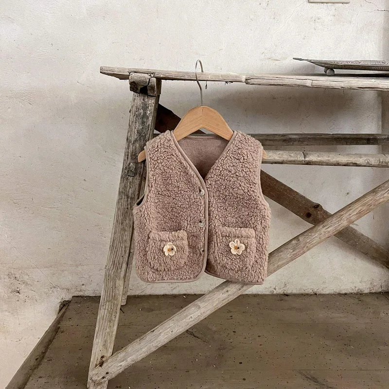 Kids' Sherpa Fleece Vest — 2 Colourways — Taupe, hanging front view