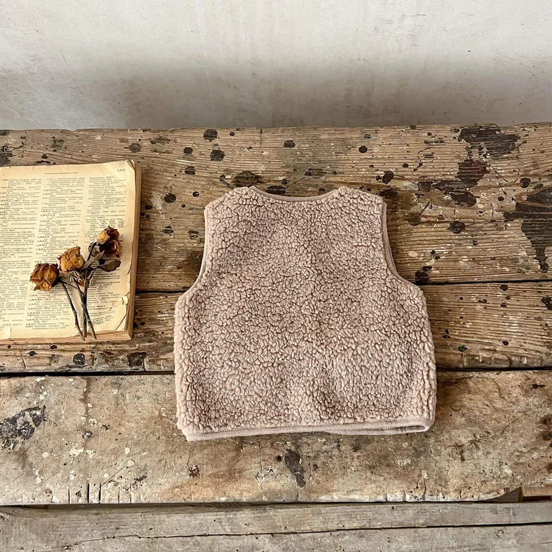 Kids' Sherpa Fleece Vest — 2 Colourways — Taupe, back view