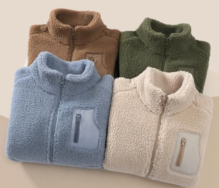 Kids' Sherpa Fleece Jacket with Zip Pocket — 4 Colourways — Four colourways, folded group view