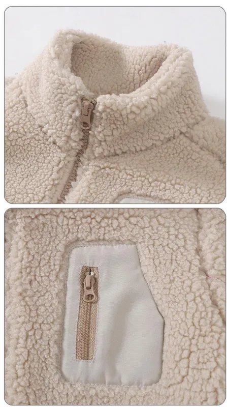 Kids' Sherpa Fleece Jacket with Zip Pocket — 4 Colourways — Cream, collar and pocket detail