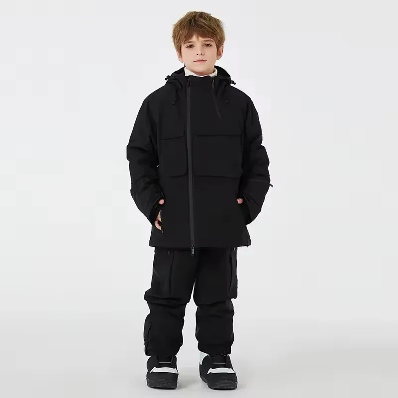 Kids' Ski Jacket & Bib Pants Set — 5 Colourways — Black, single kid, front view